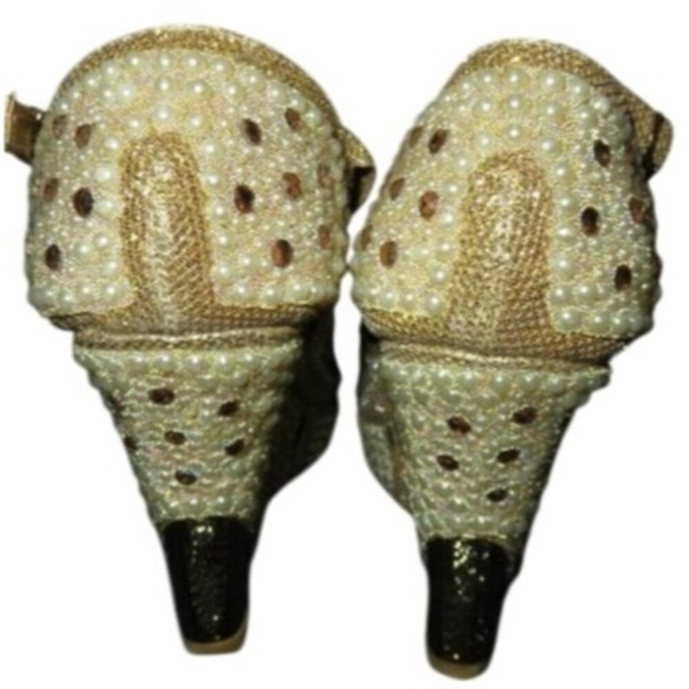 Rhinestone Pearl Embellished Metallic Gold Platform T strap Wedges sz 38 - Picture 3 of 10